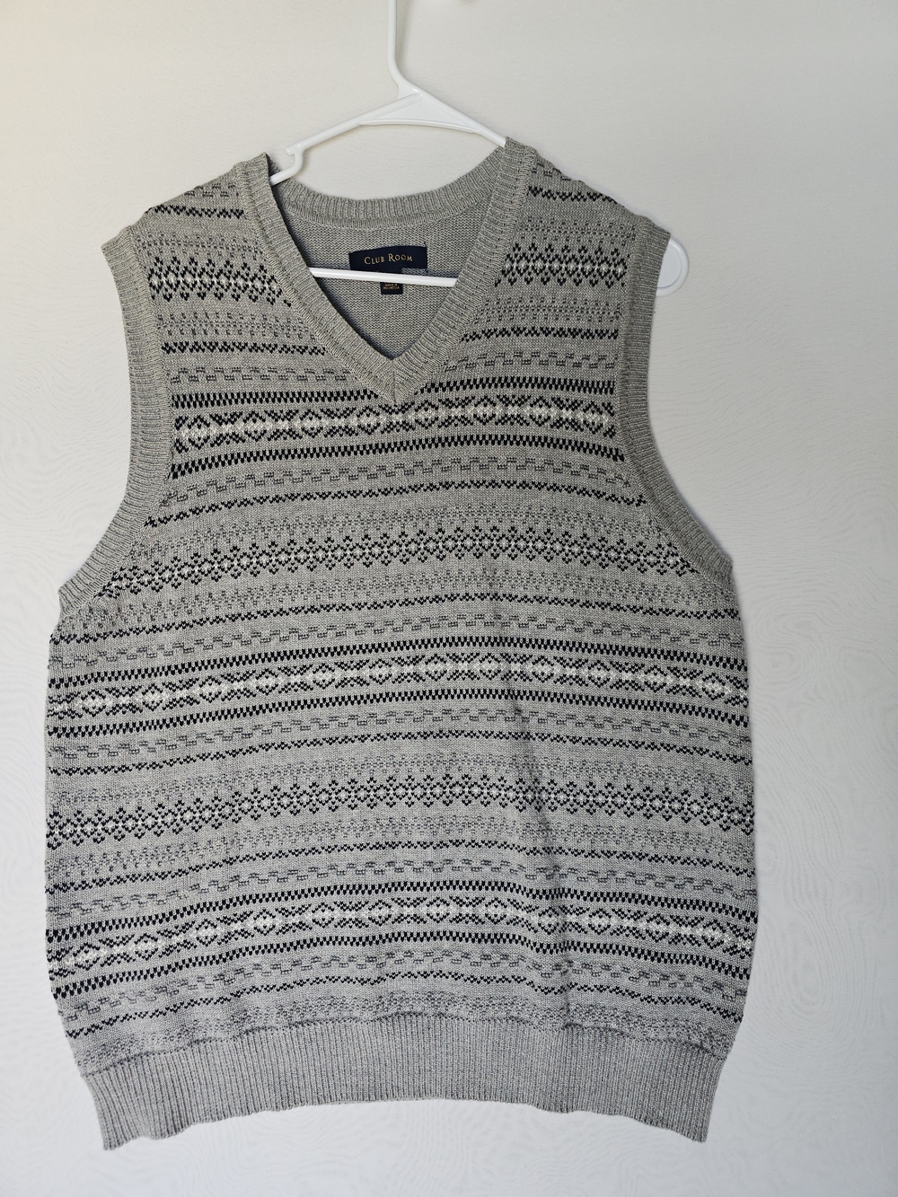 Club Room Men's Grey Fair Isle Sweater Vest - 100% Cotton - Size L